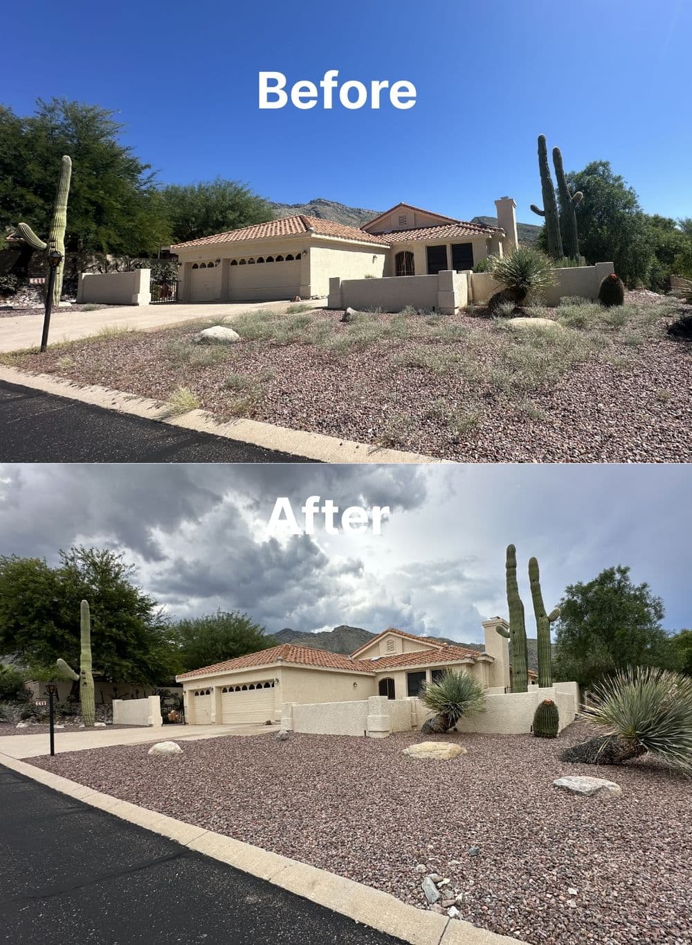 Before and after home exterior makeover showcasing improved landscaping and design elements.