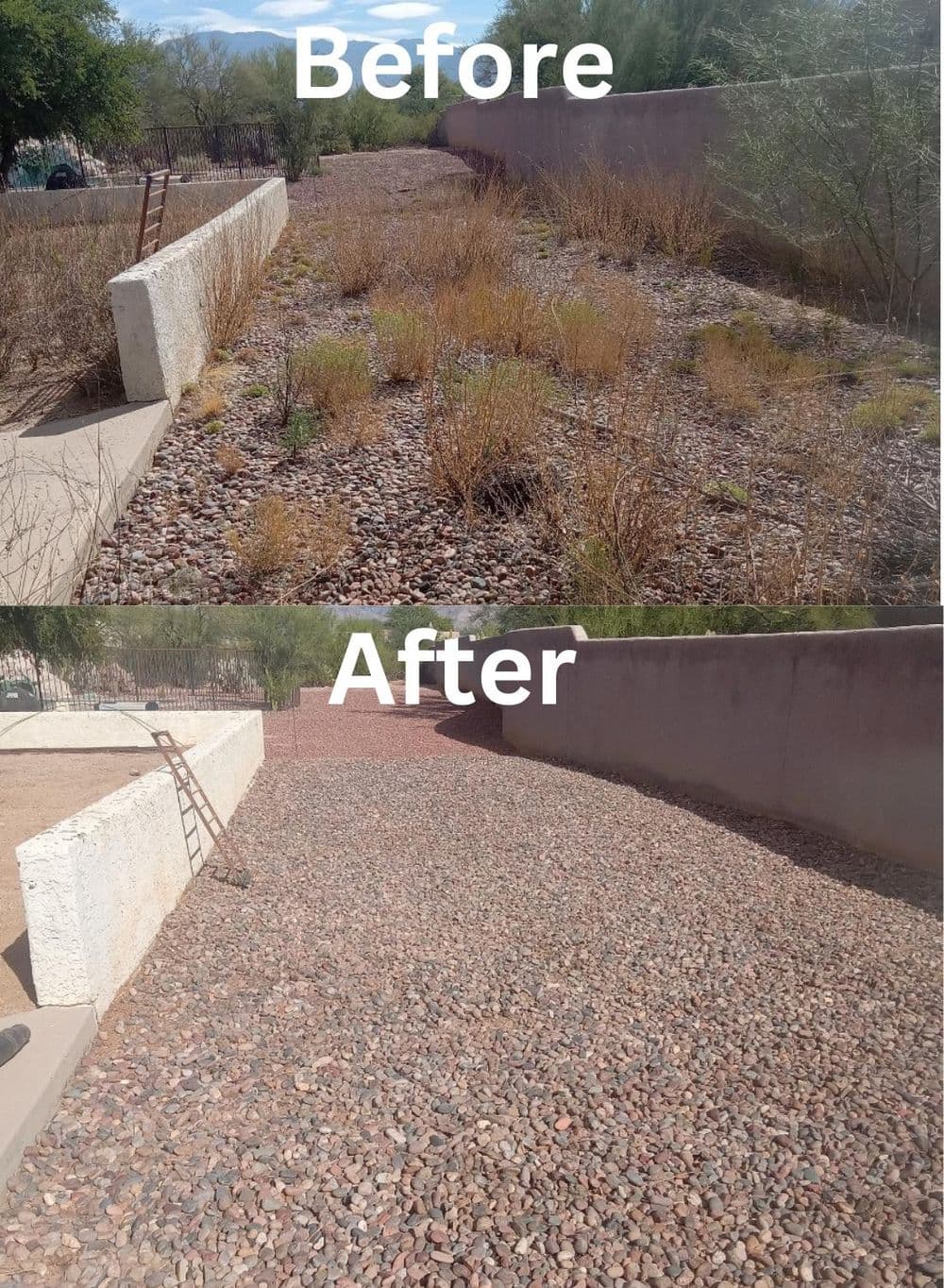 Before and after landscape transformation showing cleared weeds and smooth gravel surface.